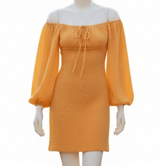Free People Ode to the Sunset Boho Mini Dress Off Shoulder Marigold Yellow Small - Picture 4 of 4